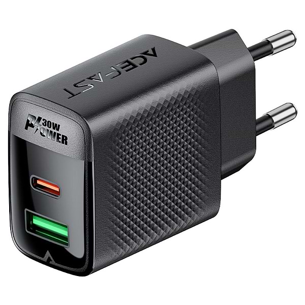 Фото - Сетевое зарядное устройство AceFast 2xUSB 30W (USB-C+USB-A) Gan A98 Black (6974316283263)