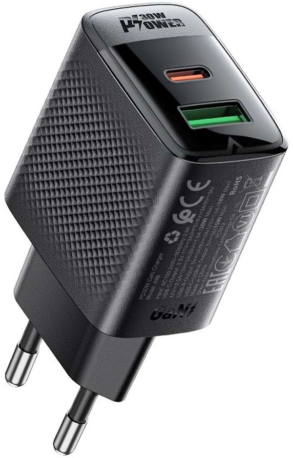 Фото - Сетевое зарядное устройство AceFast 2xUSB 30W (USB-C+USB-A) Gan A98 Black (6974316283263)