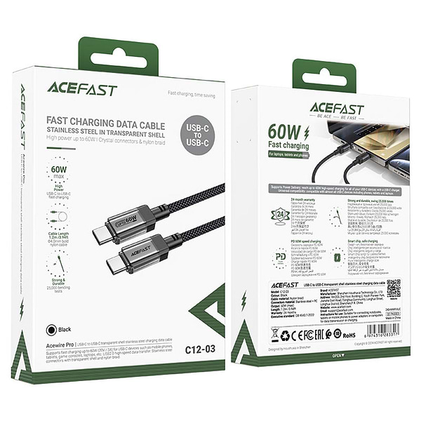 Фото - Кабель AceFast USB 2.0 USB-C to USB-C, 1.2 м, 60W, 3.0A, stainless steel Black, C12-03 (6974316283317)