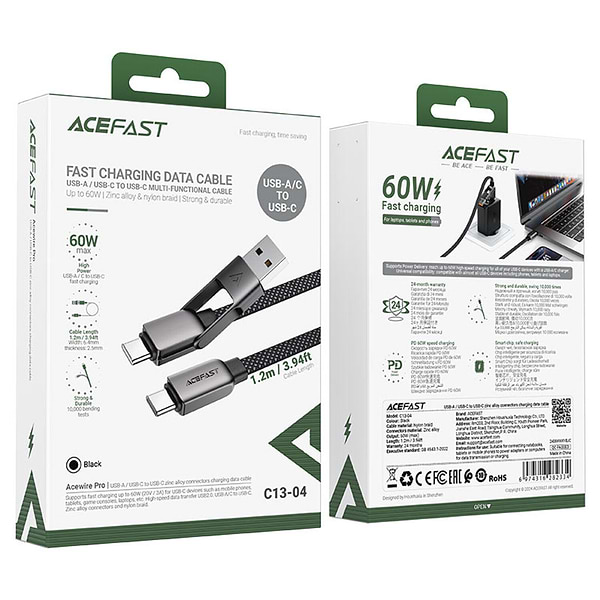 Фото - Кабель синхронизации данных AceFast USB 2.0 USB-A/USB-C to USB-C, 1.2 м, 20V, 3.0A, zink alloy Black, C13-04 (6974316282334)