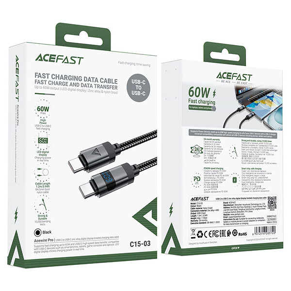 Фото - Кабель синхронизации данных AceFast USB 2.0 USB-C to USB-C, 1.2 м, 60W, 3.0A, digital display Black, C15-03 (6974316283720)
