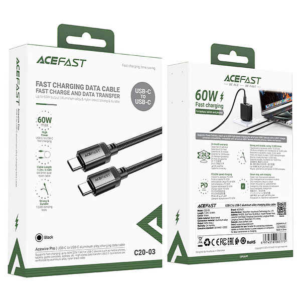 Фото - Кабель синхронизации данных AceFast USB 2.0 USB-C to USB-C, 1.2 м, 3.0A, aluminum alloy Black, C20-03 (6974316283775)
