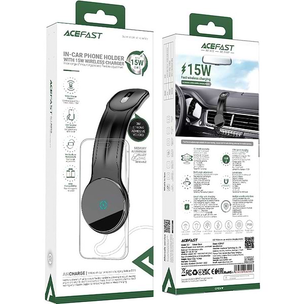 Фото - Автотримач з бездротовою зарядкою AceFast D21 Magnetic wireless Velcro (6974316282907)