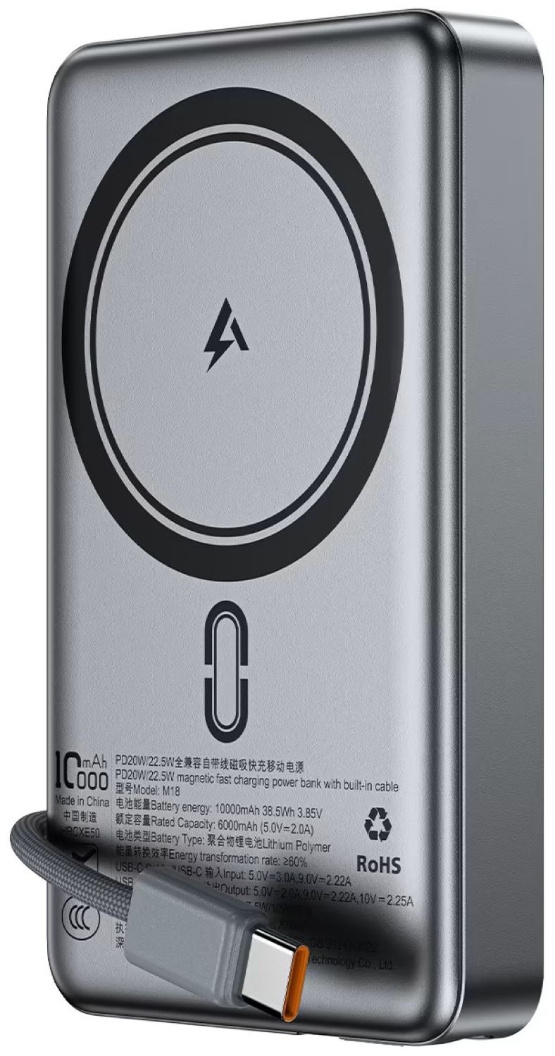 Батарея мобильная AceFast Magnetic Wireless 10000mAh 22.5W PD,QC 3.0 USB-C In/Out, QI 15W  M18 Black (6974316284017)