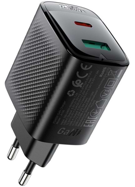 Мережевий зарядний пристрій AceFast 2xUSB 45W (USB-C+USB-A) Gan A106 Black (6974316284031) - Фото 1