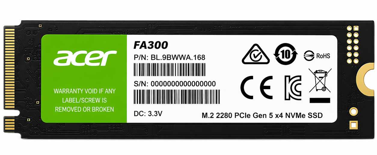 SSD-накопитель внутренний Acer 1Tb FA300 M.2 2280 NVMe 2.0 PCIe Gen 5x4 3D NAND (BL.9BWWA.167)