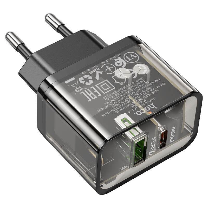 Сетевое зарядное устройство HOCO N34 Dazzling dual-port PD20W+QC3.0 charger Transparent Black (6931474799166)