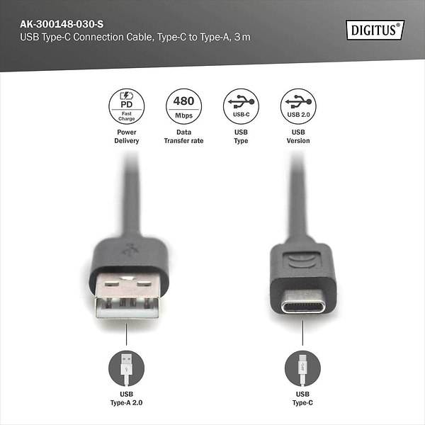 Фото - Кабель USB Type-A - USB Type-A Digitus USB-A > USB-C 3 м Black (AK-300148-030-S)
