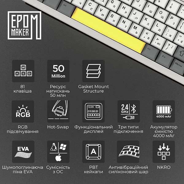 Фото - Клавиатура беспроводная игровая EPOMAKER AK820 Pro Flying Fish Switch Hot-Swap White (AK820-PRO-W-FF)