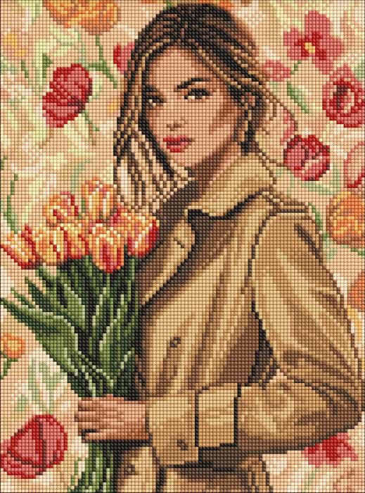 Алмазная живопись Ideyka Девушка в пальто с тюльпанами 30х40 см (AMO8221)