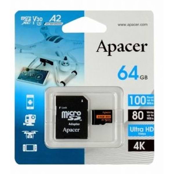 Фото - Карта памяти Apacer microSDXC 64GB UHS-I/U3 Class 10 (AP64GMCSX10U8-R) + SD адаптер