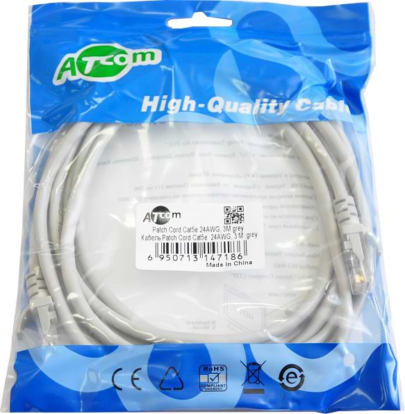 Кабель патч-корд Atcom Cat.5e UTP, 24AWG 3m Grey (4718)