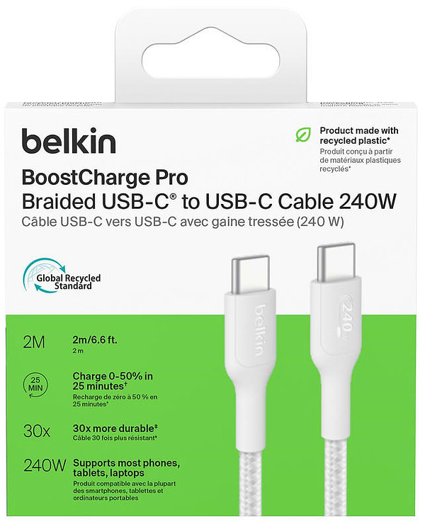 Фото - Кабель синхронизации данных Belkin USB-C > USB-C 2m 240Вт, Type-C White (CAB025HQ2MWH)