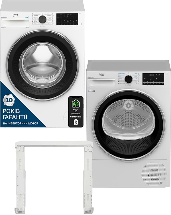 Фото - Комплект техники Beko Стиральная машина с фронтальной загрузкой + Сушильная машина + Комплект креплений для установки в колонну Beko B3WFU5943W + B5T69233 + PSK