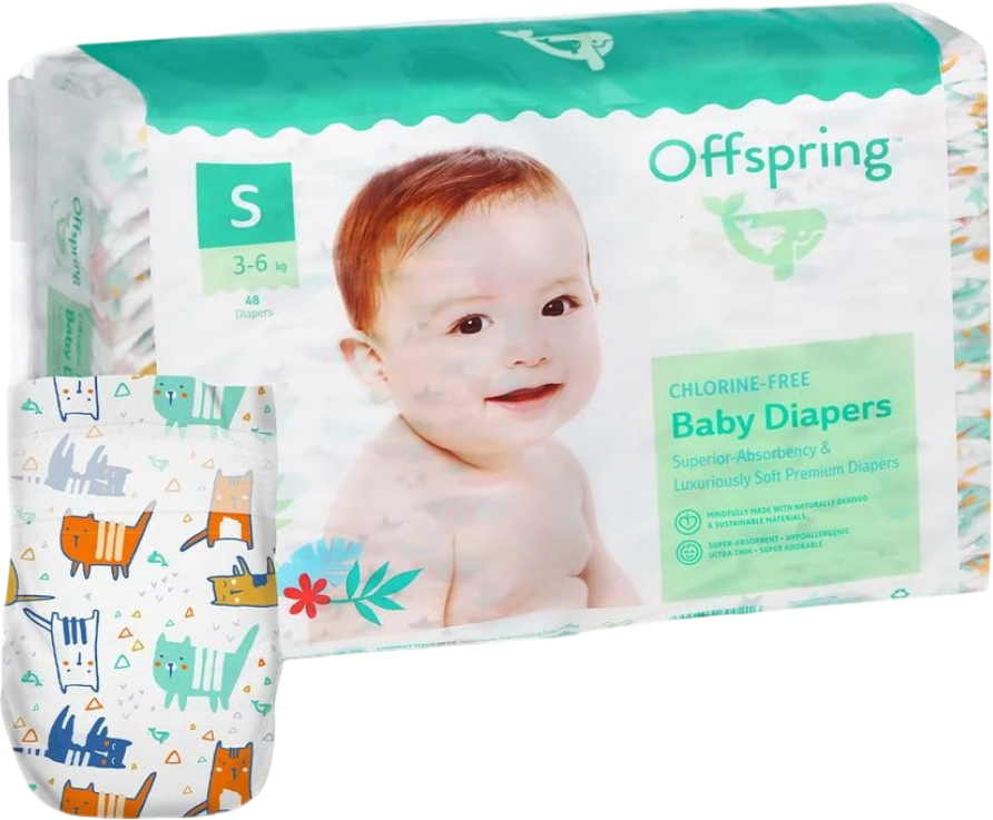 Одноразові підгузки Offspring розмір S 3-6 кг 48 шт. Котики (DP-OI-FAT-S48P-MTC)