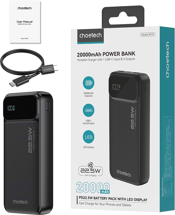 Фото - Батарея мобильная Choetech B729 20000mAh PD 22.5W Black (B729-BK)