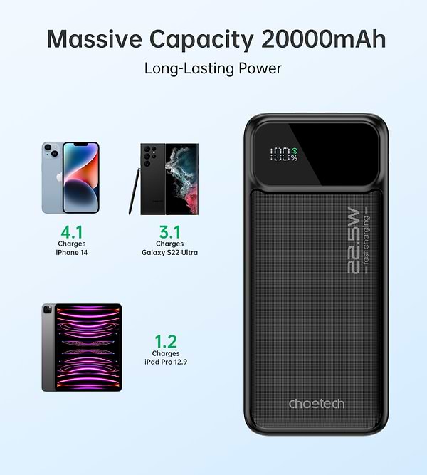 Фото - Батарея мобильная Choetech B729 20000mAh PD 22.5W Black (B729-BK)