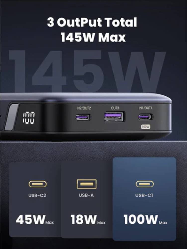 Фото - Батарея мобильная UGREEN 145W USB-C laptop/phone 25000mAh (PB205/90597A)