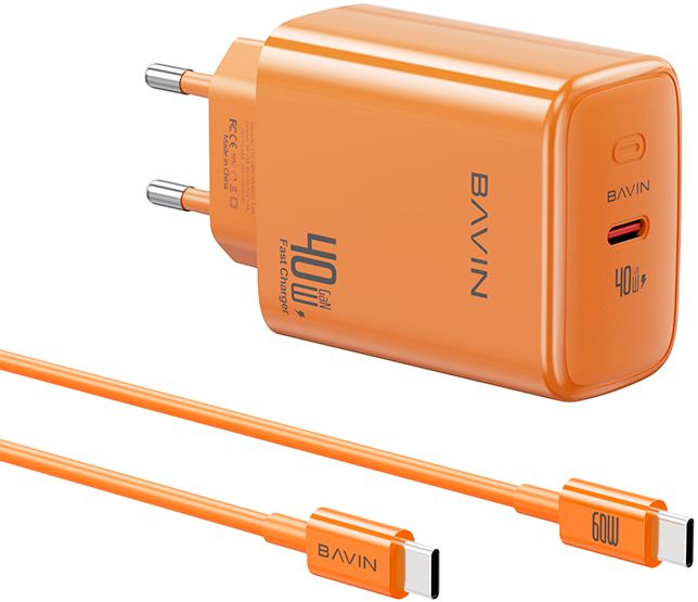 Сетевое зарядное устройство Bavin GaN PD 40W Type-C + кабель Type-C/Type-C 60W Orange (C-PC2092Y-CC OG)