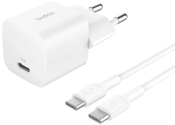 Мережевий зарядний пристрій Belkin 25Вт USB-С PD PPS, кабель USB-С > USB-C, 1м, PVC White (WCA012KQ1MWH-B6)