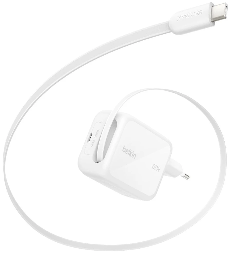 Мережевий зарядний пристрій Belkin 67Вт USB-C PD, PPS вбудований кабель USB-C White (WCH022KQWH)