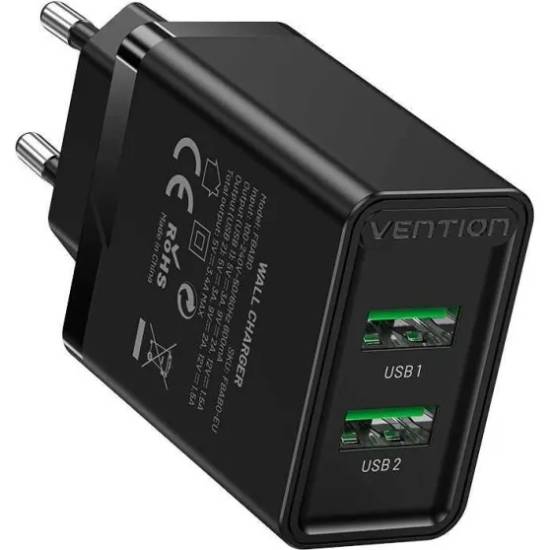 Фото - Сетевое зарядное устройство Vention 2xUSB 36W (USB-Ax2) QC3.0 Black (FBAB0-EU)
