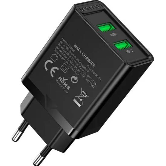 Фото - Сетевое зарядное устройство Vention 2xUSB 36W (USB-Ax2) QC3.0 Black (FBAB0-EU)