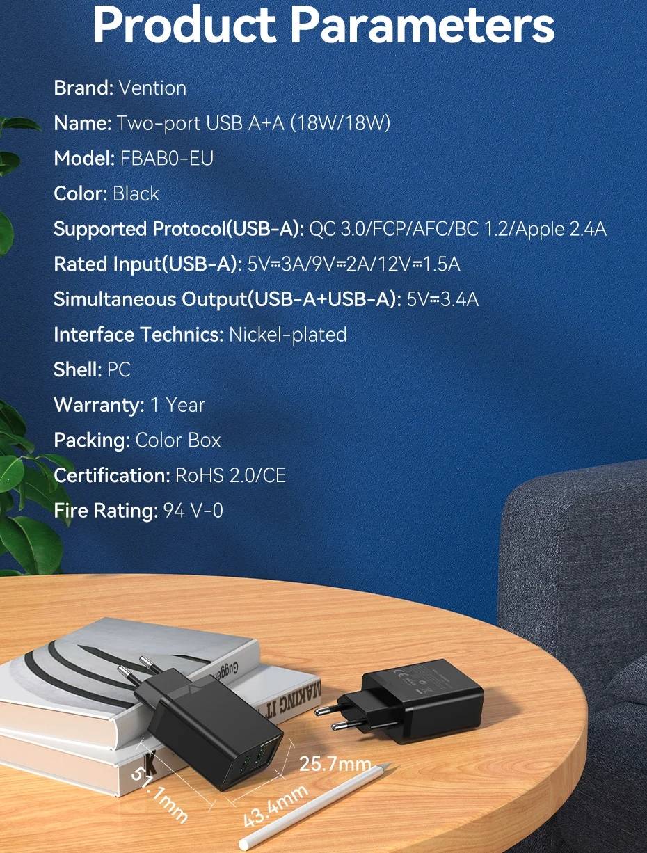 Фото - Сетевое зарядное устройство Vention 2xUSB 36W (USB-Ax2) QC3.0 Black (FBAB0-EU)