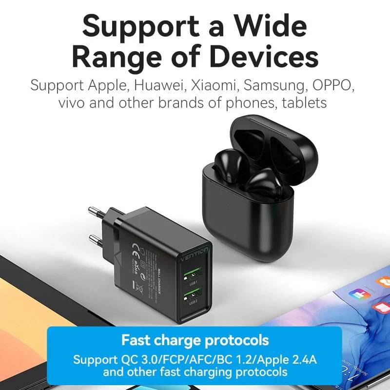 Фото - Сетевое зарядное устройство Vention 2xUSB 36W (USB-Ax2) QC3.0 Black (FBAB0-EU)