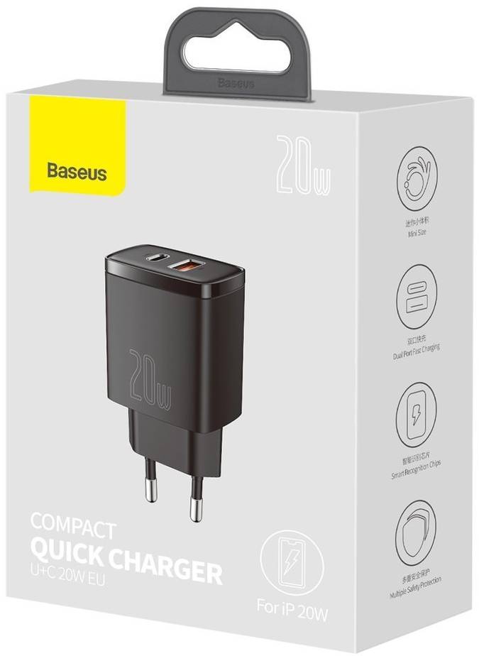 Фото - Сетевое зарядное устройство Baseus Compact Quick Charger U+C 20W EU Black (CCXJ-B01)