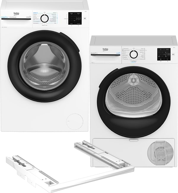 Фото - Комплект техники Beko Стиральная машина с фронтальной загрузкой + Сушильная машина + Комплект креплений для установки в колонну Beko BM1WFSU37233WB + BM3T37239WB + NPSKW