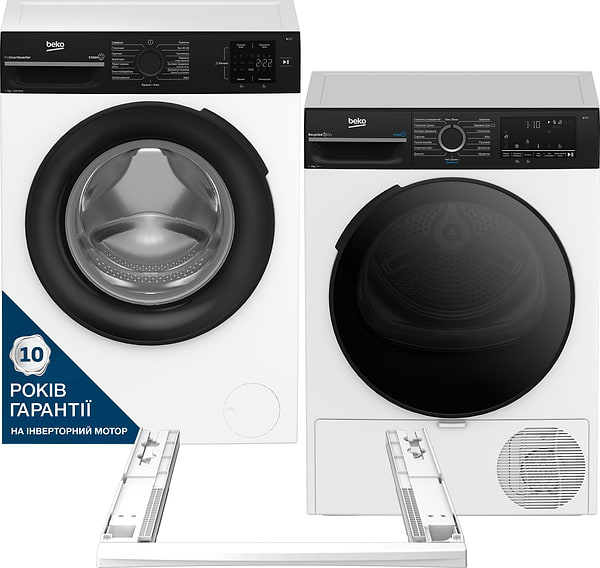 Фото - Комплект техніки Beko Пральна машина з фронтальним завантаженням + Сушильна машина + Комплект кріплень для встановлення в колону Beko BM1WFSU37233WPBB + BM3T47239WPBB2 + NPSKW