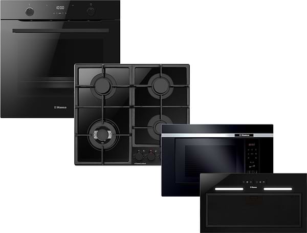Фото - Комплект техники Hansa Духовой шкаф + Варочная панель + Микроволновая печь встраиваемая + Вытяжка встраиваемая Hansa BOES68422 + BHKS6718511 + AMG20BFH + OMP6553BGH