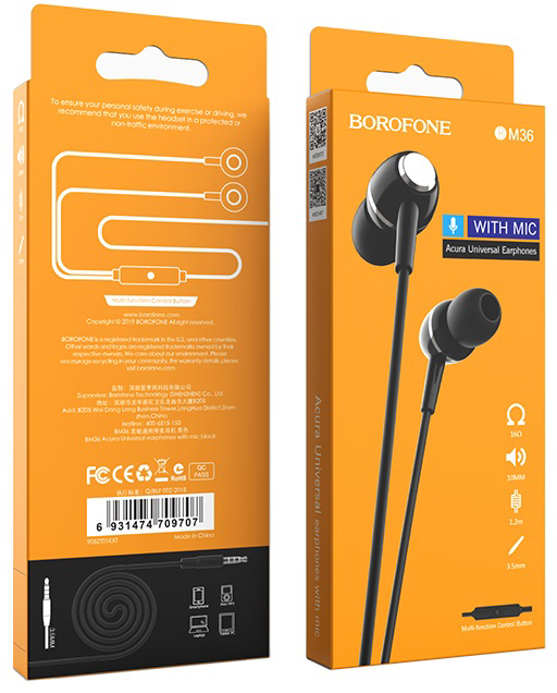 Фото - Навушники вкладиші дротові BOROFONE BM36 Acura Universal earphones with mic Black (6931474709691)
