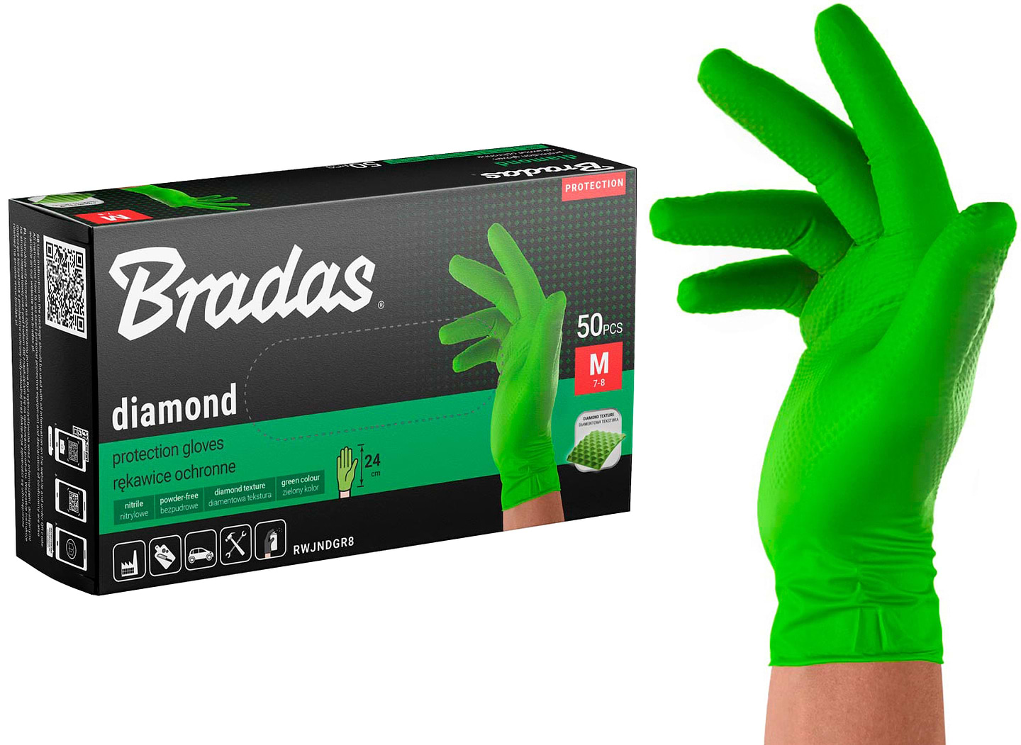 Перчатки нитриловые BRADAS DIAMOND M размер 7-8 Зеленые 50 шт. (RWJNDGR8)