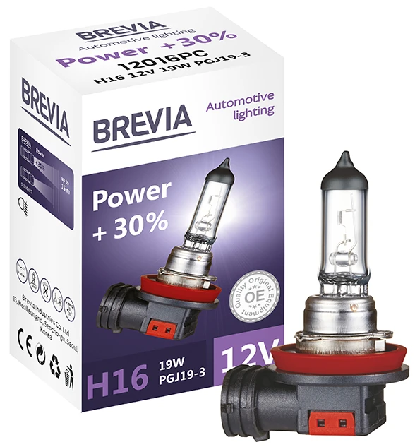 Автолампа Brevia H16 12V 19W PGJ19-3 Power +30% CP (12016PC)