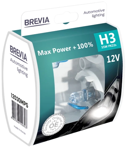 Автолампа Brevia H3 12V 55W PK22s Max Power +100% S2 (12030MPS)