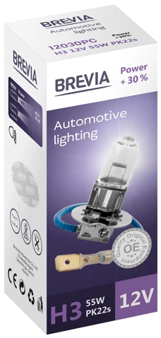 Автолампа Brevia H3 12V 55W PK22s Power +30% CP (12030PC)
