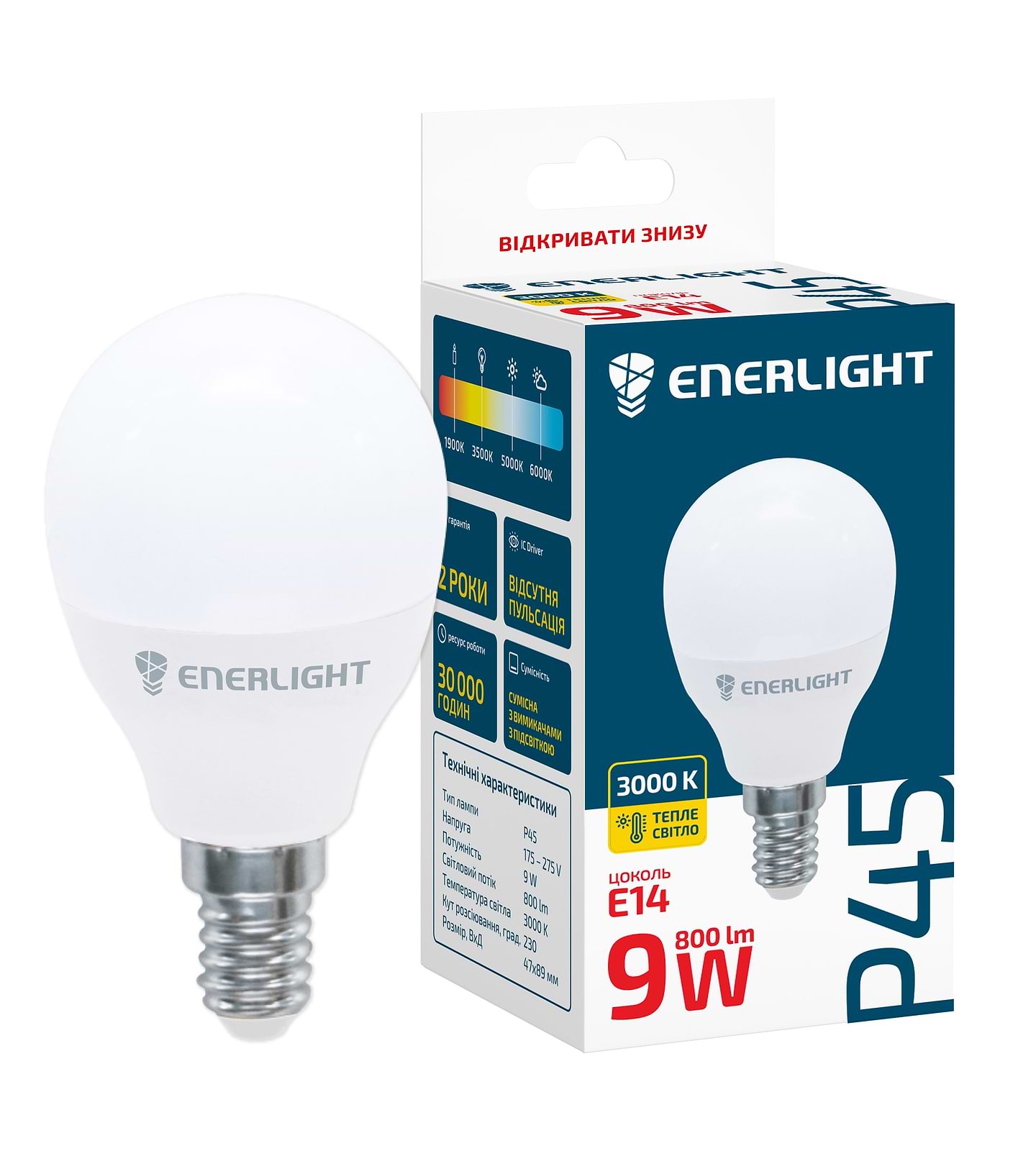 Лампочка світлодіодна Enerlight P45 9Вт 3000K E14 - Фото 1