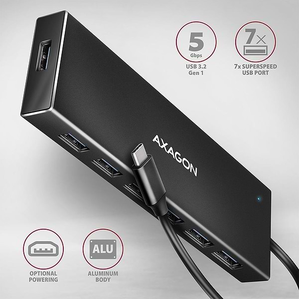 Фото - Хаб USB AXAGON HUE-F7C SuperSpeed USB-C FLAT CHARGING hub, cable 30cm USB-C, Black (HUE-F7C)