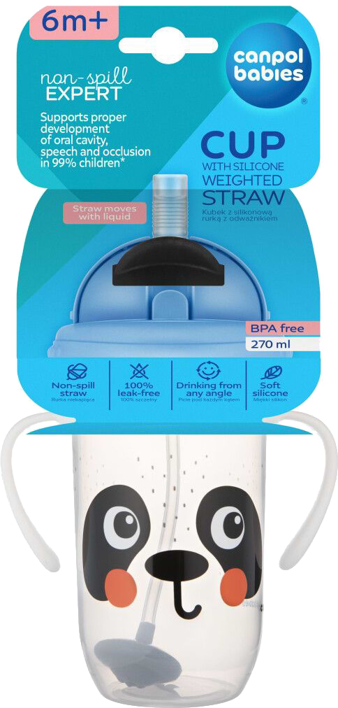 Фото - Поїльник-непроливайка дитячий Canpol babies з трубочкою і обтяжувачем 270 мл BabiesBoo - панда (56/617_whi)