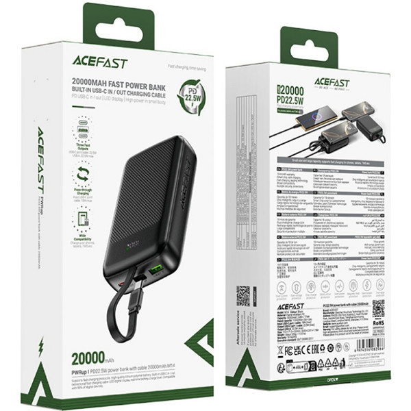 Фото - Батарея мобильная AceFast 20000mAh 22.5W PD QC3.0 USB-A+USB-C cable M14 Black (6974316283966)