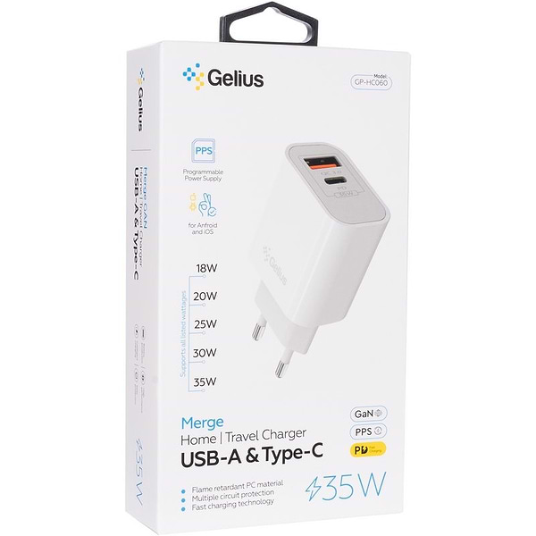 Фото - Сетевое зарядное устройство Gelius Merge GP-HC060 GAN USB+Type-C 35W (QC/PD/PPS) White (00000099403)