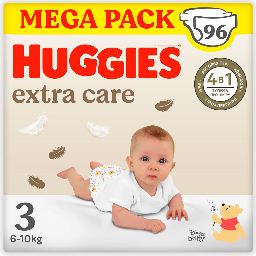 Одноразовые подгузники Huggies Extra Care Size Размер 3 (6-10 кг), 96 шт. (5029053577944) - Фото 1