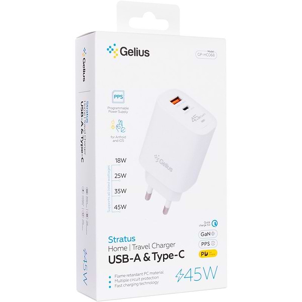 Фото - Мережевий зарядний пристрій Gelius Stratus GP-HC068 45W (1Type-C+1USB-A) White (101557)