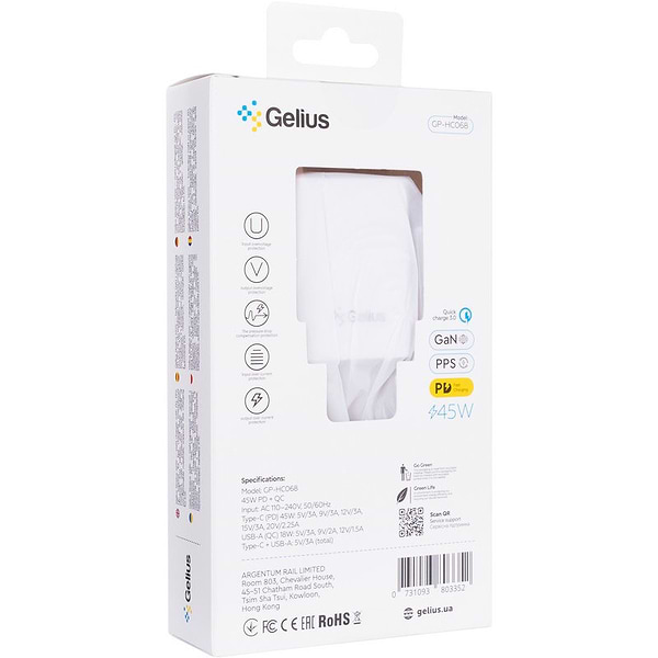 Фото - Мережевий зарядний пристрій Gelius Stratus GP-HC068 45W (1Type-C+1USB-A) White (101557)