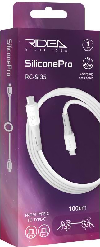 Кабель синхронізації даних Ridea SiliconePro Type-C to Type-C 60W White (RC-SI35)