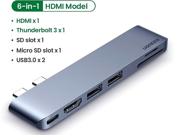 Фото - Хаб USB UGREEN CM380 Dual USB-C To HDMI+2xUSB 3.0 A+TF/SD+USB-C Female Space Gray (80856)