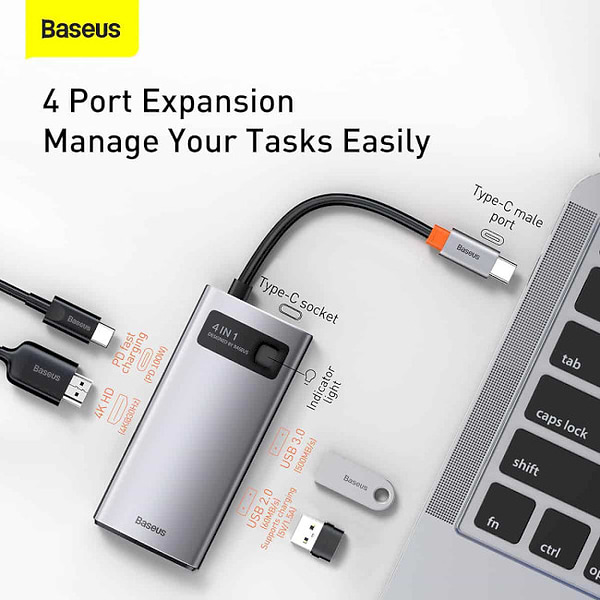 Фото - Док-станция Baseus USB3.1 USB Type C PD 100W/HDMI 4K 30 Hz/USB 3.2 Gen1/1хUSB 2.0 4in1 (CAHUB-CY0G)