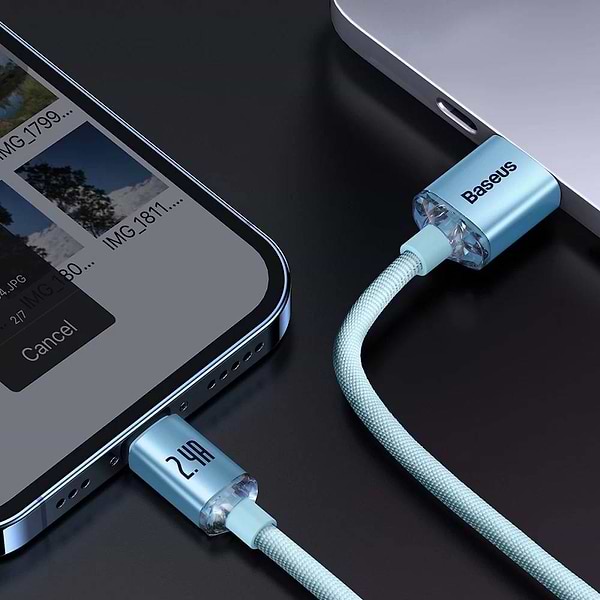 Фото - Кабель Baseus Crystal Shine Series Fast Charging Data Cable USB to iP 2.4A 1.2m Sky Blue (CAJY001103)
